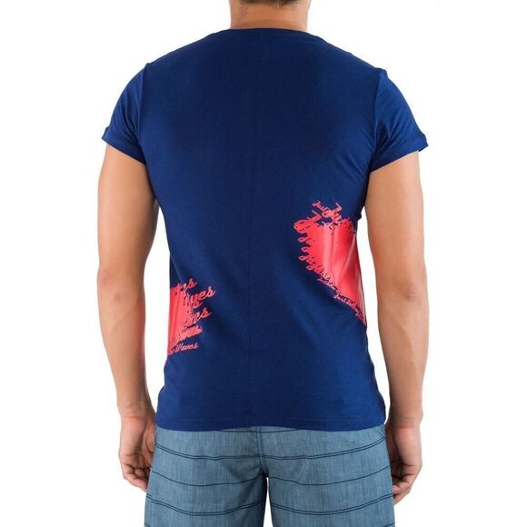 New Just Cavalli Men XS / 46 Navy Blue T-Shirt Red Print V-Neck Top Cotton - Picture 5 of 5